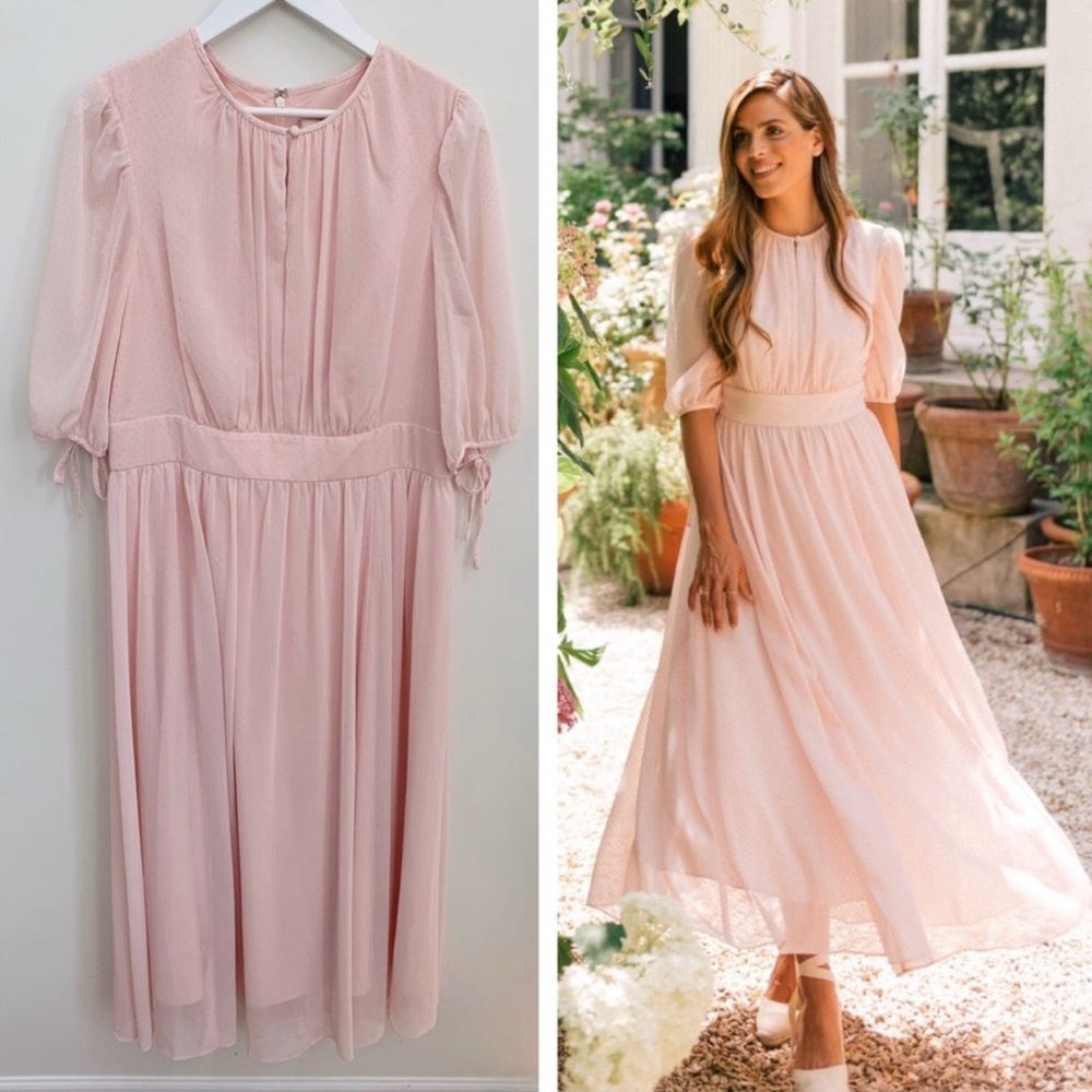 Gal Meets Glam Pink Pleated Midi Dress with Puff Sleeves